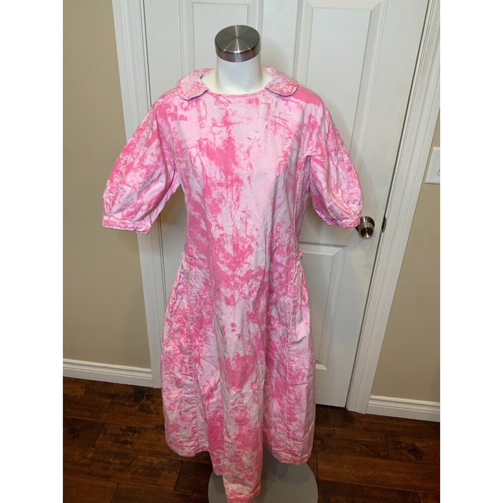 Comme Des Garcons Pink White Tie-Dye Peter Pan Collar Midi Dress, Size M